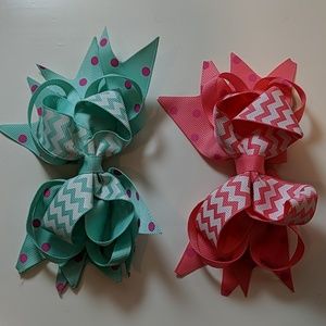 Two Polka Dot & Chevron Bows - Mint & Coral